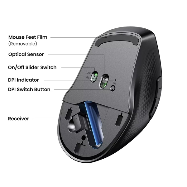 მაუსი UGREEN MU101 (90395), Ergonomic Wireless 2.4G Mouse, Bluetooth, 4000DPI, Silence Design, Black