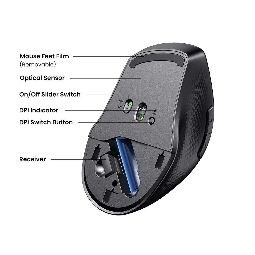 მაუსი UGREEN MU101 (90395), Ergonomic Wireless 2.4G Mouse, Bluetooth, 4000DPI, Silence Design, Black