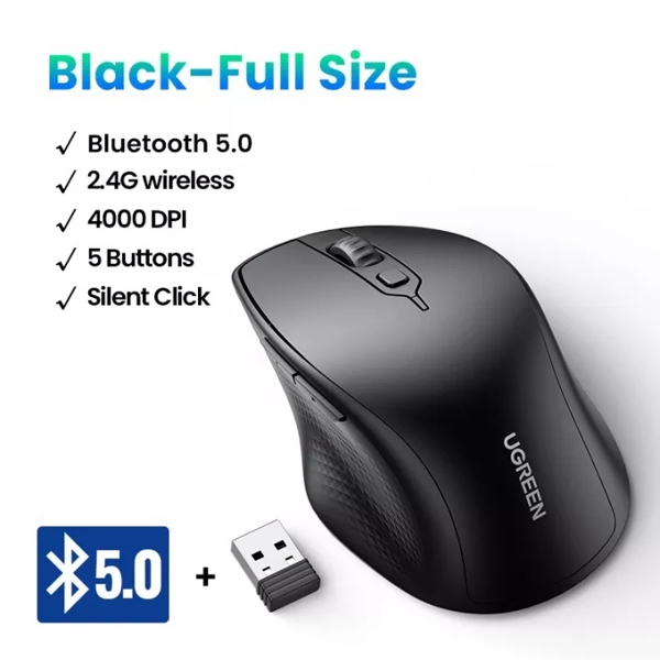 UGREEN MU101 (90395), Ergonomic Wireless 2.4G Mouse, Bluetooth, 4000DPI, Silence Design, Black