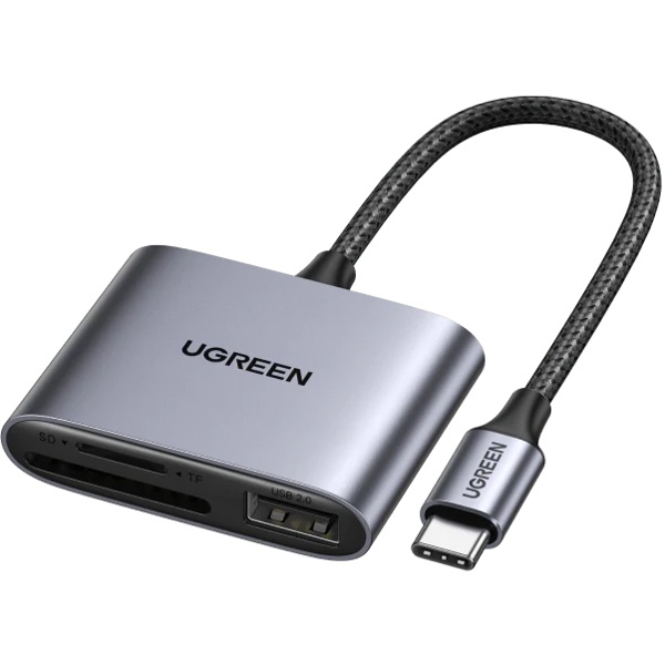 ბარათის წამკითხველი UGREEN CM387 (80798), Type-c to SD/TF + USB 2.0 Memory Card Reader, Grey