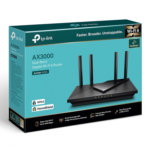 როუტერი TP-Link Archer AX55, 2400Mbps, Dual Band Gigabit Wi-Fi Router, Black  