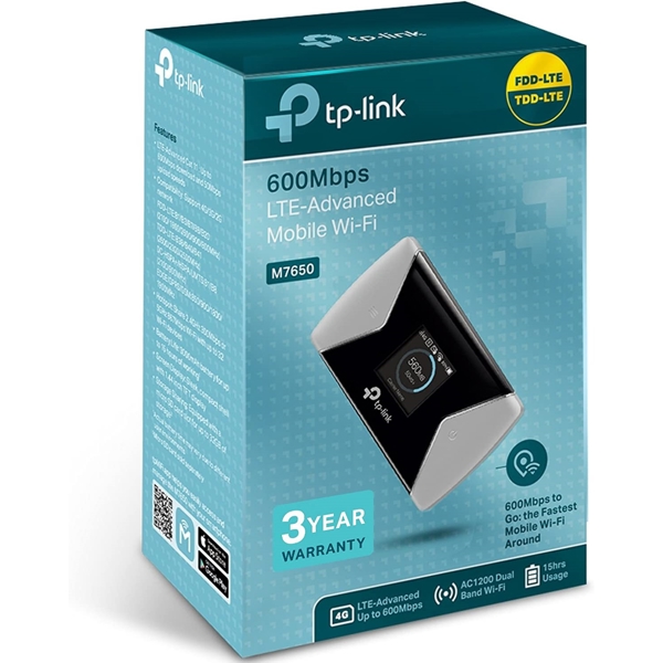 მობილური ინტერნეტის როუტერი TP-Link M7650, 600 Mbps, LTE-Advanced Mobile Wi-Fi, Black/Grey