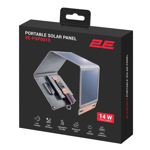 პორტატული დამტენი მზის ენერგიით 2E PSP0010, 14W, USB-A, Solar Power Bank, Black