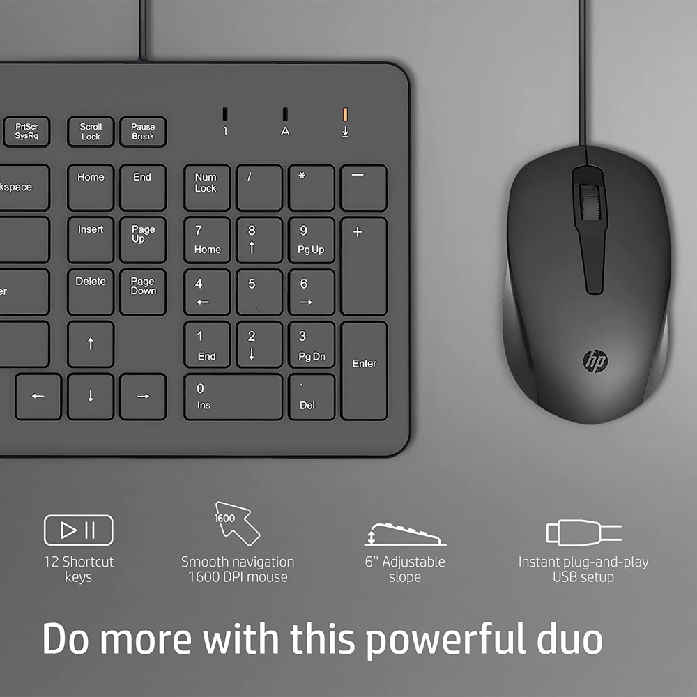 კლავიატურა+მაუსი HP 240J7AA 150, Wired, USB, Keyboard And Mouse, Black