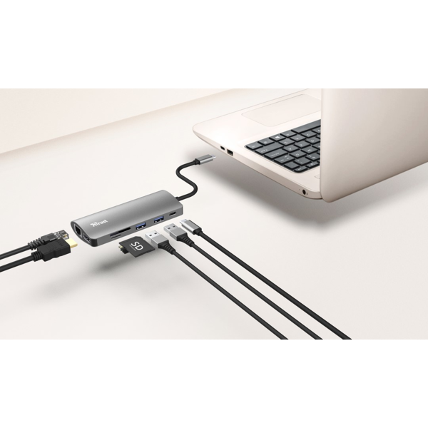 USB-C ჰაბი Trust 23775 Dalyx, 7-in-1 USB-C, Silver