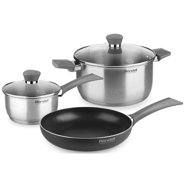 ქვაბებისა და ტაფის ნაკრები Rondell RDS 1604, 3Pcs Set, Silver/Black