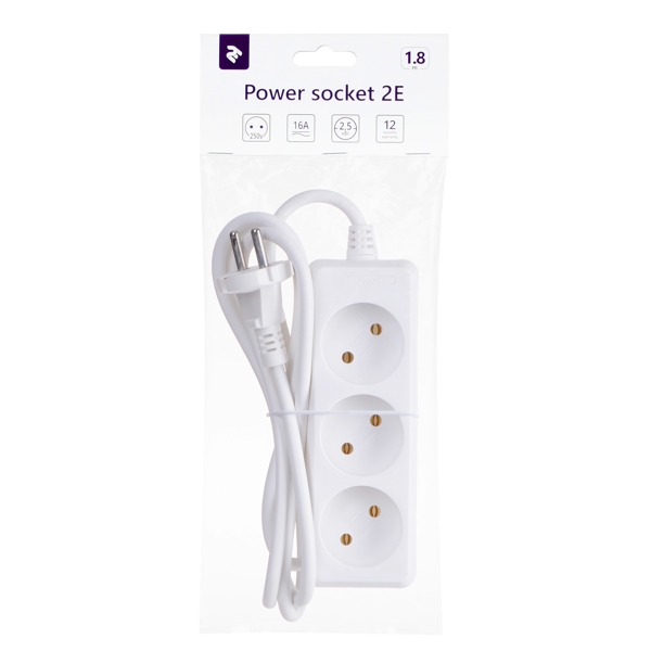 დენის გამანაწილებელი 2E 2E-U03M1.8, 3 Socket, 1.8m, White