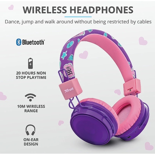 ყურსასმენი Trust Comi BT Kids, Headphones, Wireless, USB-A, Bluetooth, Purple