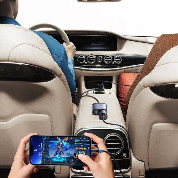 მანქანის დამტენი UGREEN CD252 (30886), 120W, Type-c, USB-A Car Charger with Dual Expansion Ports, Gray