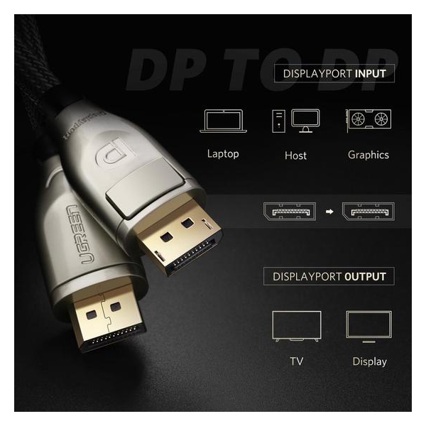 ვიდეო კაბელი UGREEN DP107 (30120), DisplayPort To DisplayPort, 2m, Gold/Black