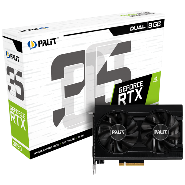 ვიდეო დაფა Palit NE63050018P1-1070D, GeForce RTX 3050 Dual, 8GB, 128bit, HDMI, DP, DVI-D, Black