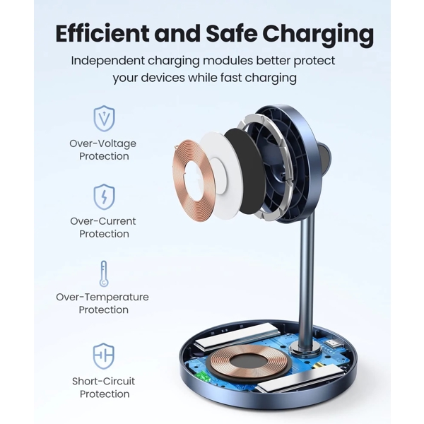 უსადენო დამტენი UGREEN CD317 (90668), 2-in-1 Magnetic Wireless Charging Station MagSafe Wireless Charger, Black/Blue