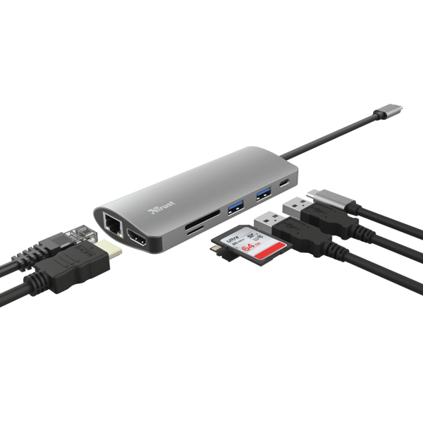 USB-C ადაპტერი Trust Dalyx 7-in-1 USB-C Adapter, Gray