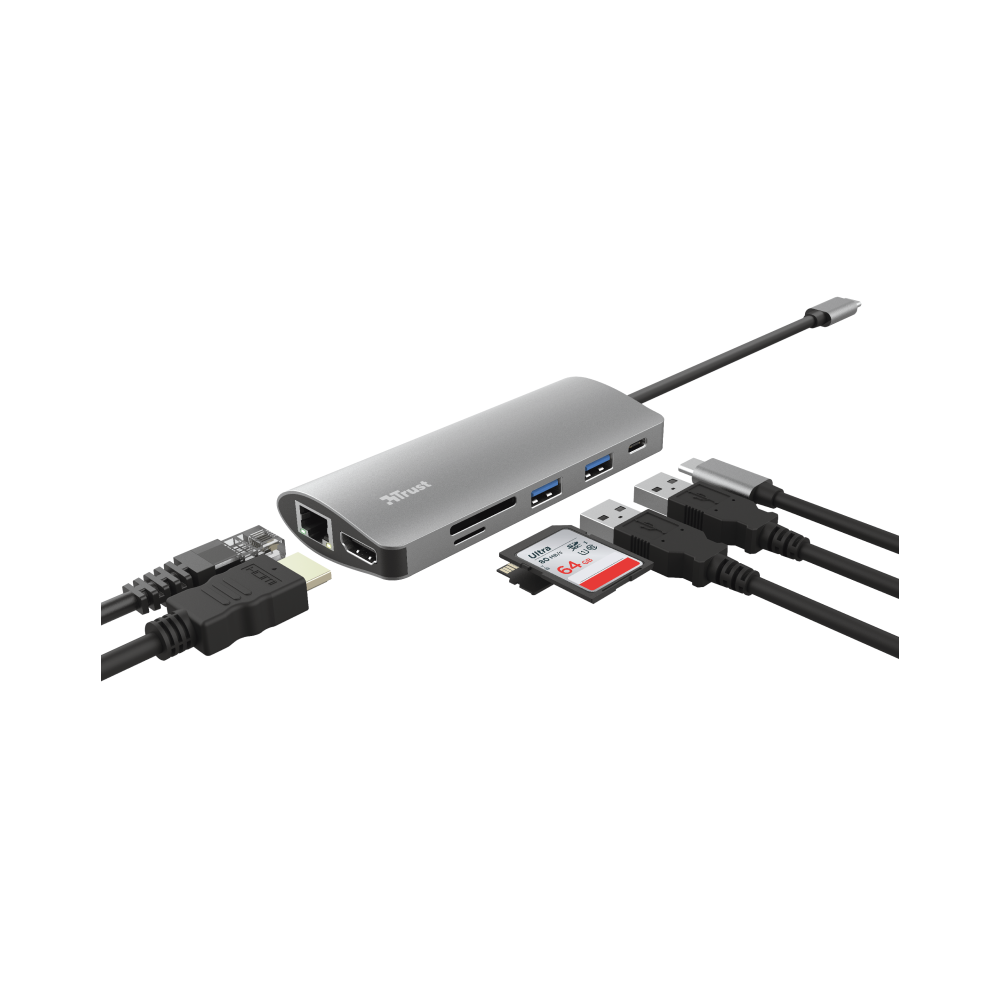 USB-C ადაპტერი Trust Dalyx 7-in-1 USB-C Adapter, Gray