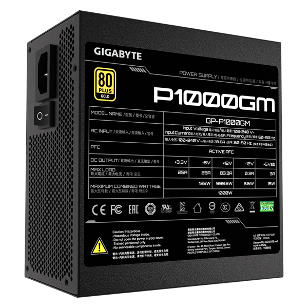 კვების ბლოკი Gigabyte GP-P1000GM, 1000W, 80 Plus, Power Supply, Black