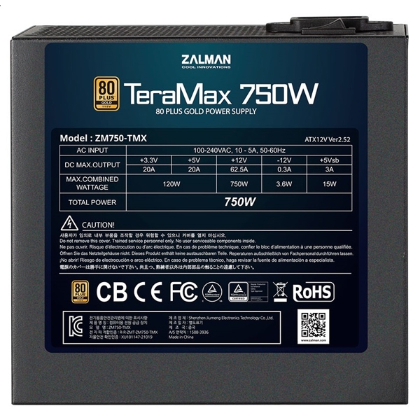 კვების ბლოკი Zalman ZM750-TMX, 750W, 80 Plus, Power Supply, Black