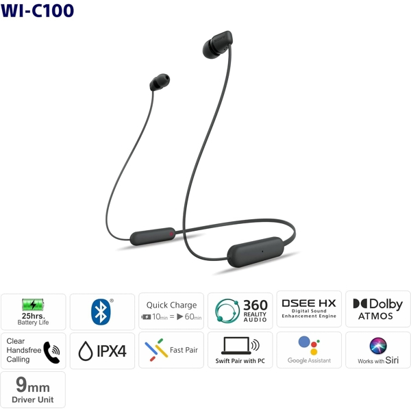 Sony WIC100, In-Ear Headphones, Wireless, Bluetooth, Beige