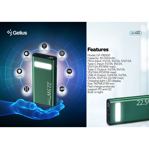 პორტატული დამტენი Gelius GP-PB300Green, 30000mAh, Micro USB, Type-c, USB-A, Power Bank, Green