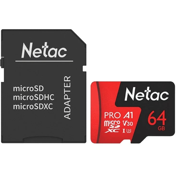 მეხსიერების ბარათი Netac NT02P500PRO-064G-R, 64GB, MicroSDXC, C10, Black