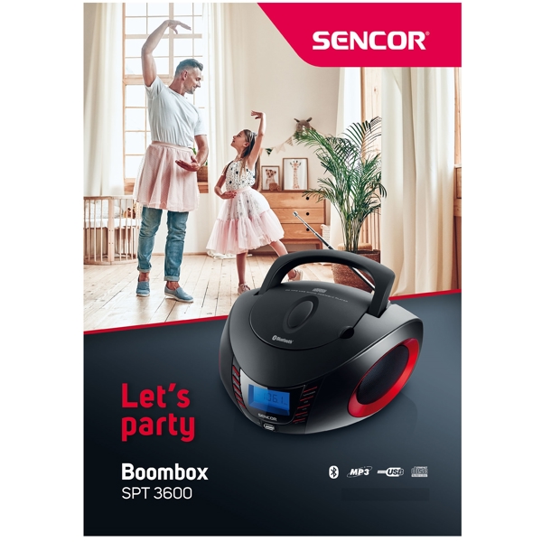 Sencor SPT 3600, 5W, CD, BT, MP3, USB, AUX, FM, Boombox, Black/Red