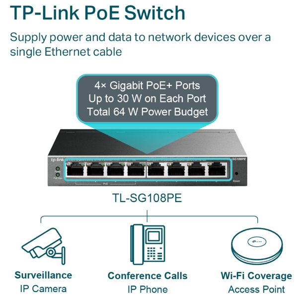 TL-SG108PE, TP-Link, 8-Port Gigabit, PoE+ Switch, Grey