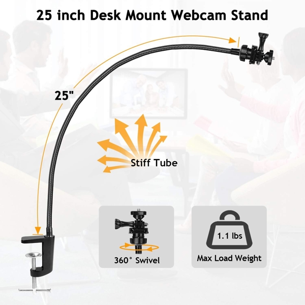 Amada AMWS02, 25", Webcam Stand With Flexible Gooseneck Stand, Black