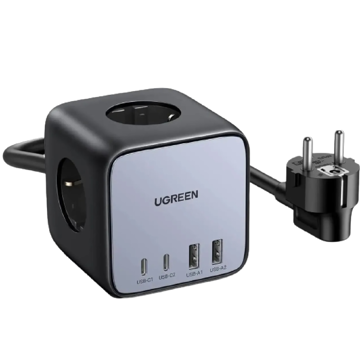 დენის გამანაწილებელი UGREEN Charger Type-c CD268 (60113) Diginest, 65W, 3 Socket, USB-A, USB-C, 1.8m, Black