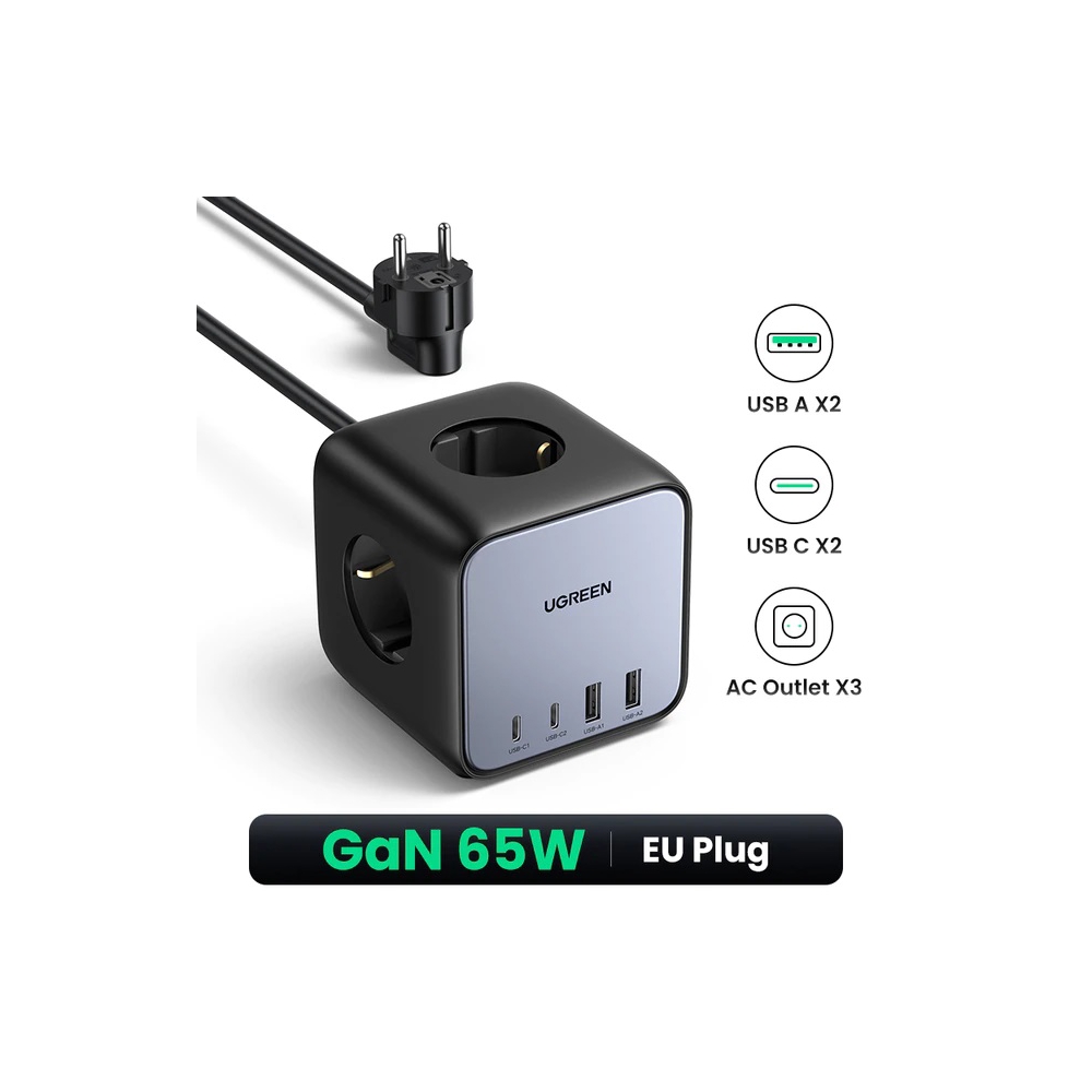 დენის დამაგრძელებელი UGREEN CD268 (60113) Diginest, 65W, 3 Socket, USB-A, Type-C, 1.8m, Black