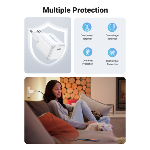 დამტენი UGREEN CD318 (15324) Nexode Mini, 20W, Single port, Type-C, White