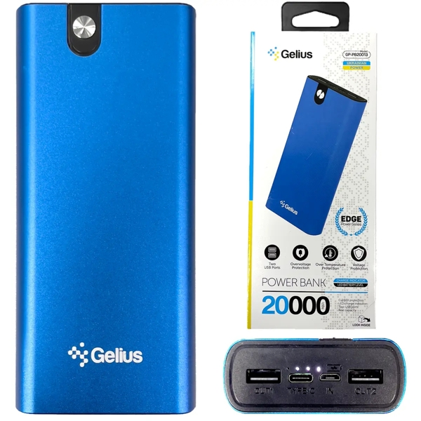 პორტატული დამტენი Gelius GP-PB20-013PeacefulSky, 20000mAh, Micro USB, Type-c, USB-A, Power Bank, Blue