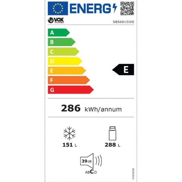 Vox SBS 6015 IXE, 439L, E, Refrigerator, Grey