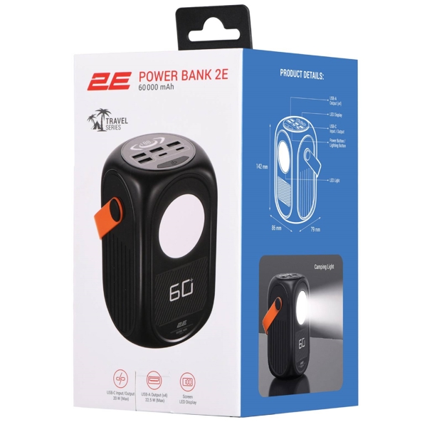 2E 2E-PB6001PD-BLACK, 60000mAh, Micro USB, Type-c, USB-A, Power Bank, Black