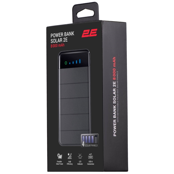 პორტატული დამტენი მზის ენერგიით 2E 2E-PB814-BLACK, Micro USB, USB-A, Solar Power Bank, Black