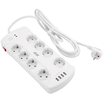 დენის გამანაწილებელი 2E 2E-SP815M3USBWH, 8 Socket, USB, 3m, White