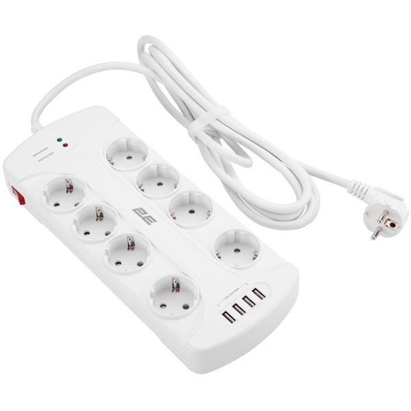  2E 2E-SP815M3USBWH, 8 Socket, USB, 3m, White