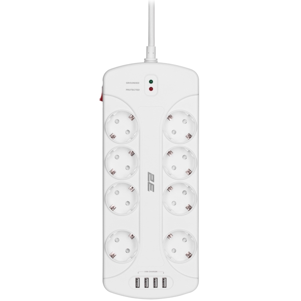  2E 2E-SP815M3USBWH, 8 Socket, USB, 3m, White