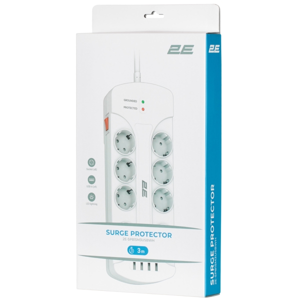  2E 2E-SP815M3USBWH, 8 Socket, USB, 3m, White