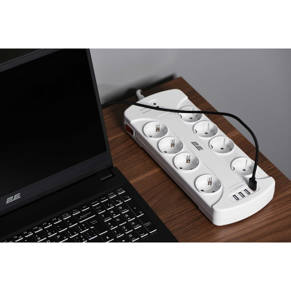  2E 2E-SP815M3USBWH, 8 Socket, USB, 3m, White