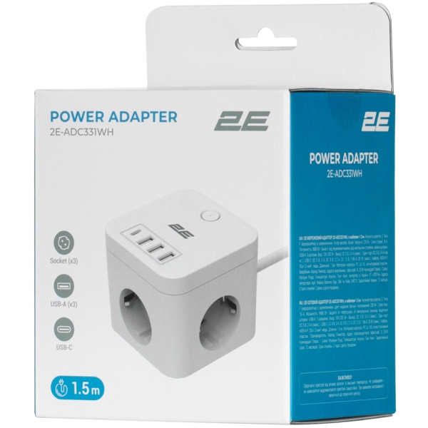 2E 2E-ADC331WH, 3 Socket, USB-A, USB-C, 1.5m, White