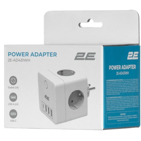 ადაპტერი 2E 2E-AD431WH, 4 Socket, USB-A, USB-C, White