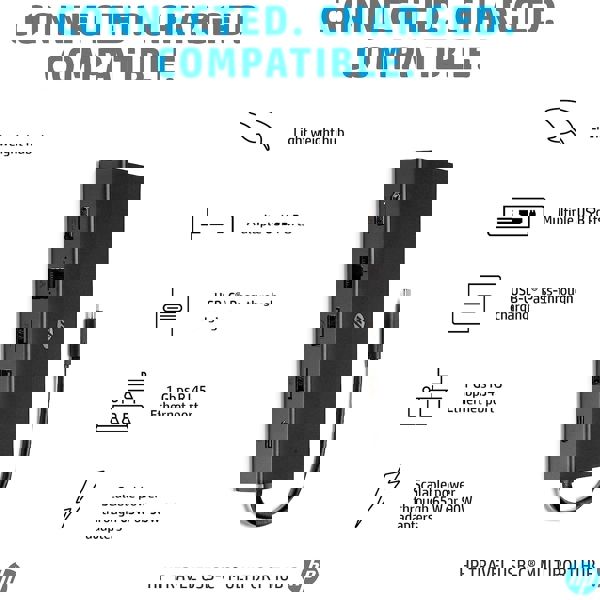 HP 1C1Y5AA, USB-C, USB 2.0, SD, TF, 3.5mm, RJ45, Hub, Black