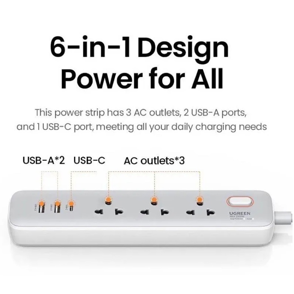 დენის გამანაწილებელი UGREEN CD286 (15143), 30W, 3 Socket, USB-A, USB-C, 1.5m, White