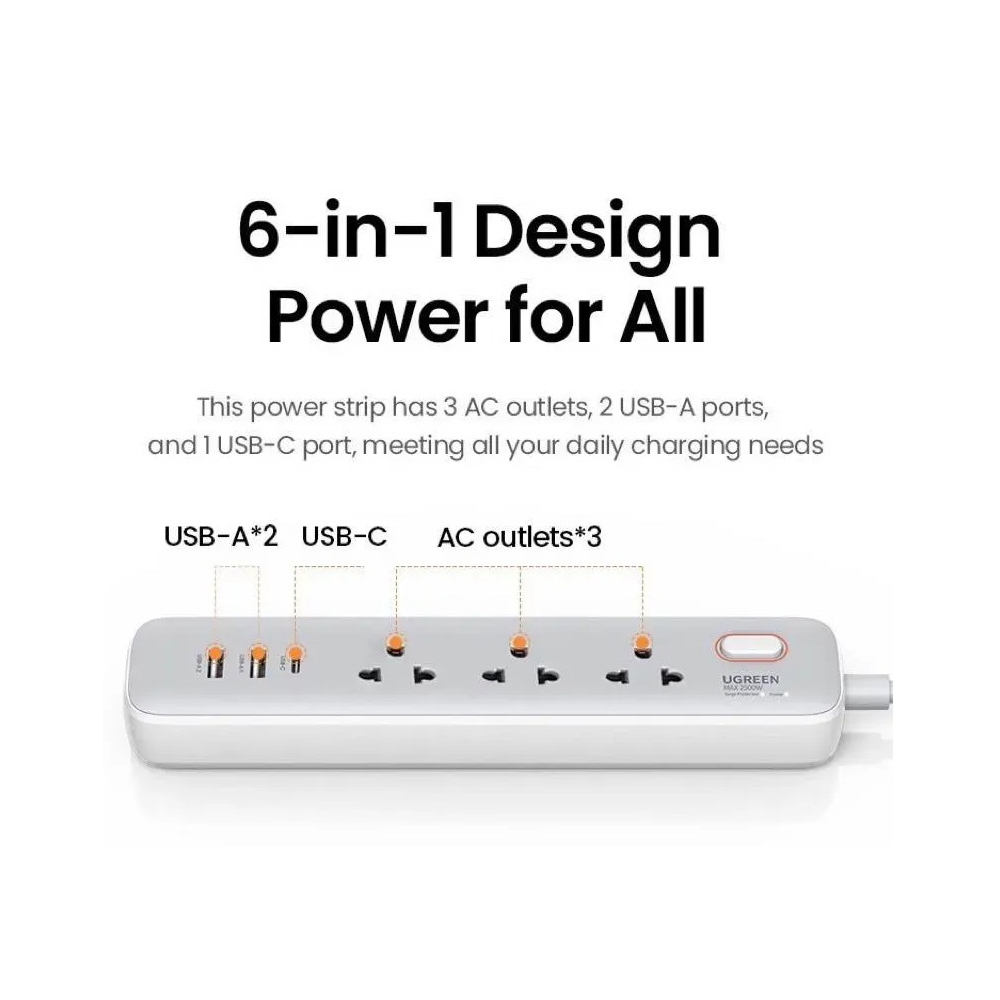UGREEN CD286 (15143), 30W, 3 Socket, USB-A, Type-C, 1.5m, White
