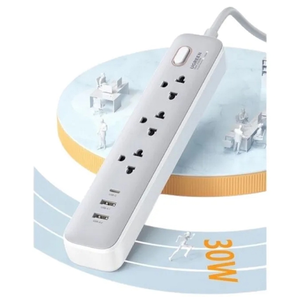 დენის გამანაწილებელი UGREEN CD286 (15143), 30W, 3 Socket, USB-A, USB-C, 1.5m, White