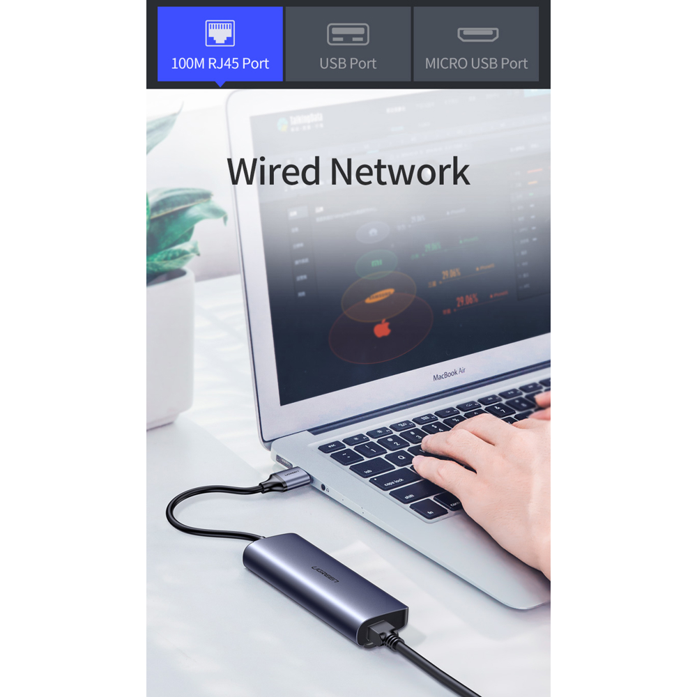 USB ჰაბი UGREEN USB HUB CM252 (60719), USB to RJ45, Micro USB, Gray