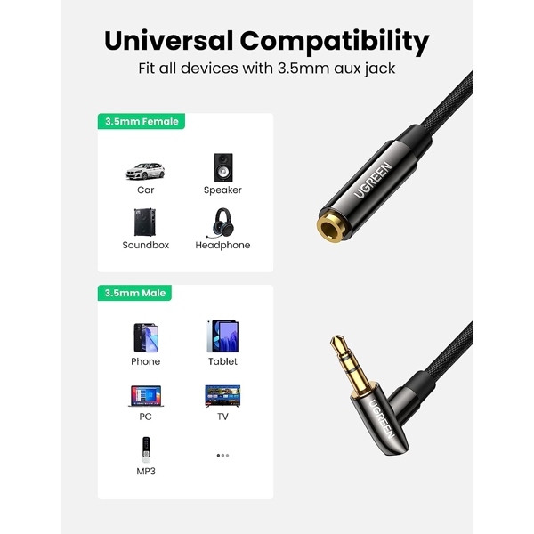 UGREEN AV188 (20496), 3.5mm Male to Female, Extension Cable, 3m, Black