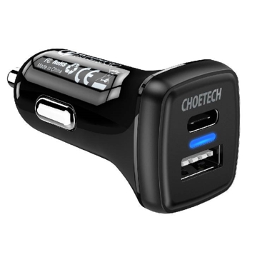 მანქანის დამტენი Choetech TC0005, 36W, USB-C, USB-A, Black