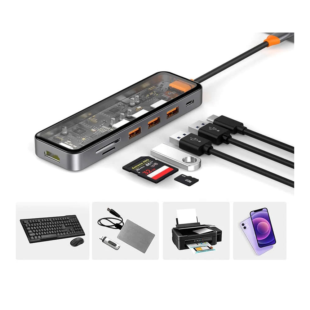 USB ჰაბი Wiwu CB007, USB-C, USB, SD, TF, PD, HDMI, Hub, Space Gray