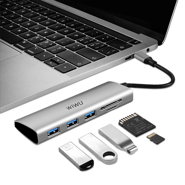 USB ჰაბი Wuwu 532ST Alpha, Type-C, USB, SD, TF, Hub, Gray