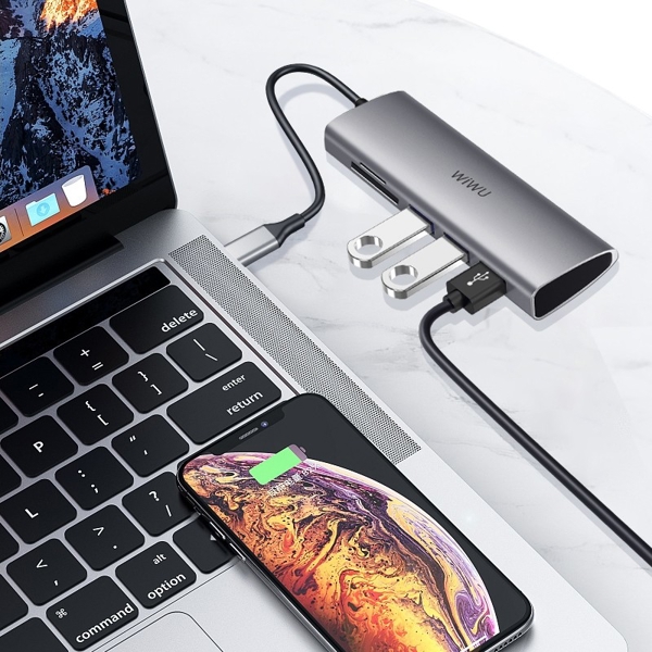 USB ჰაბი Wuwu 532ST Alpha, Type-C, USB, SD, TF, Hub, Gray